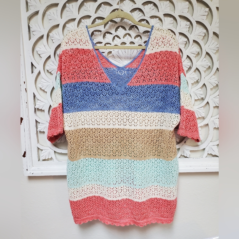 Striped Crochet Mathew Wilamson Open Knit Summer Sweater XL